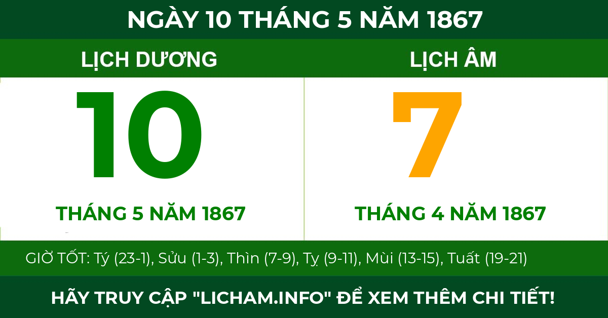 lịch âm ngày 10 tháng 5 năm 1867