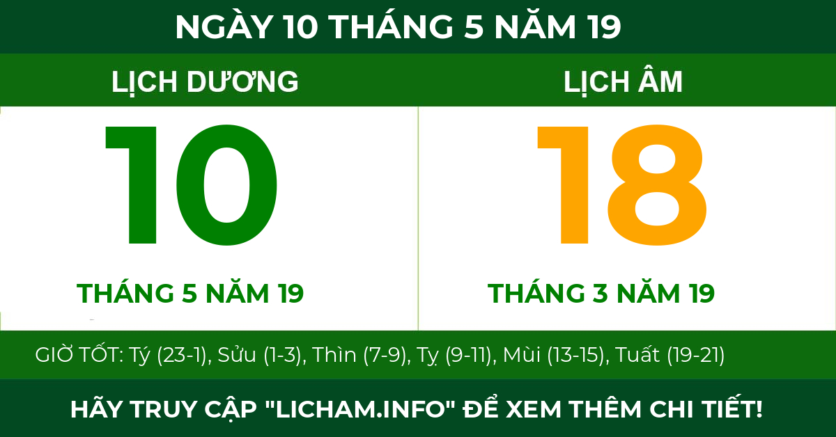 lịch âm ngày 10 tháng 5 năm 19