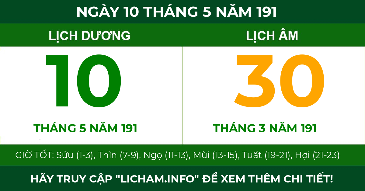 lịch âm ngày 10 tháng 5 năm 191