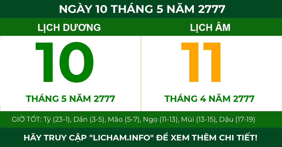 lịch âm ngày 10 tháng 5 năm 2777