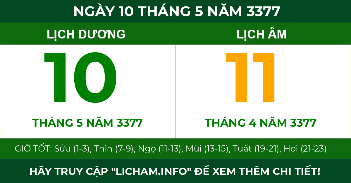 lịch âm ngày 10 tháng 5 năm 3377