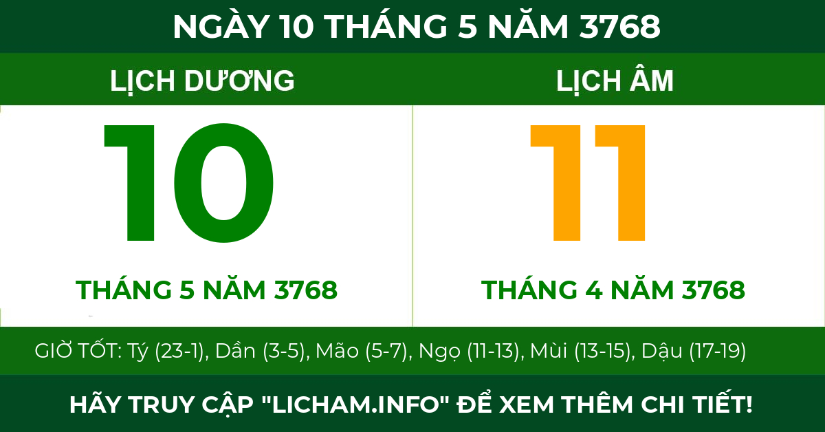lịch âm ngày 10 tháng 5 năm 3768