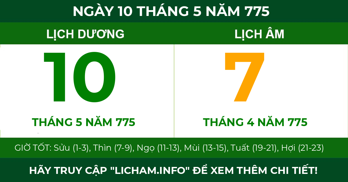lịch âm ngày 10 tháng 5 năm 775