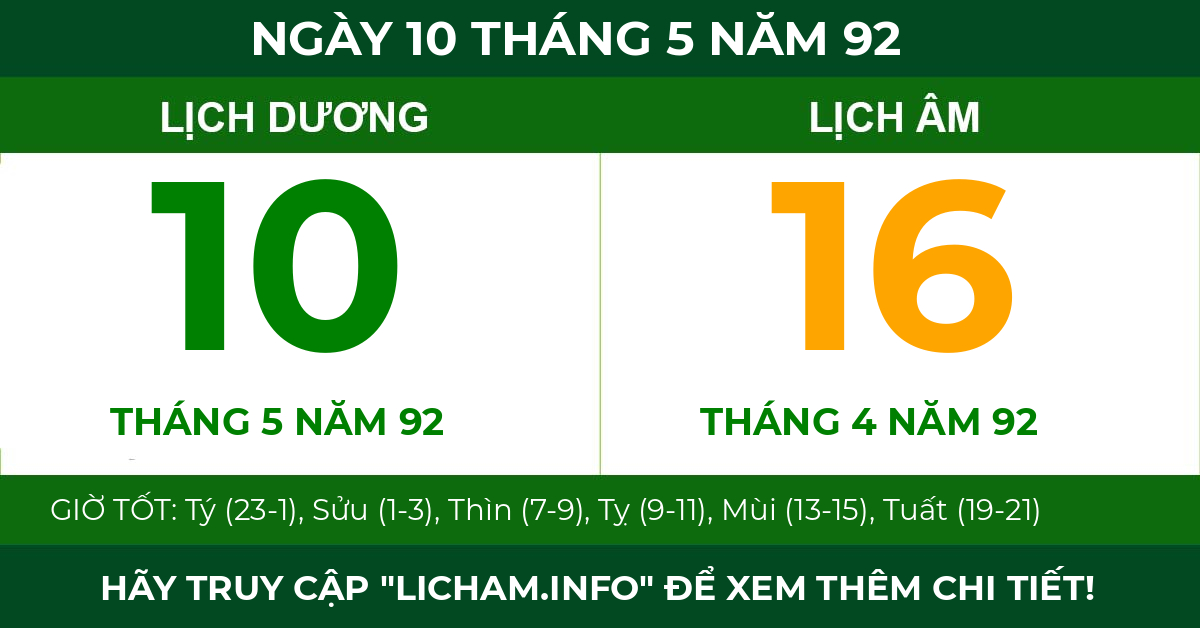 lịch âm ngày 10 tháng 5 năm 92
