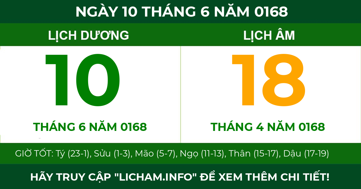 lịch âm ngày 10 tháng 6 năm 0168