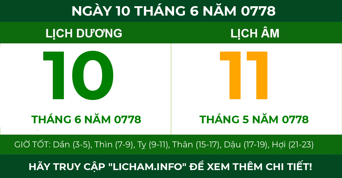 lịch âm ngày 10 tháng 6 năm 0778