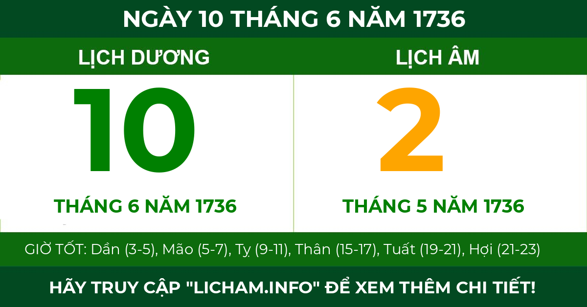 lịch âm ngày 10 tháng 6 năm 1736