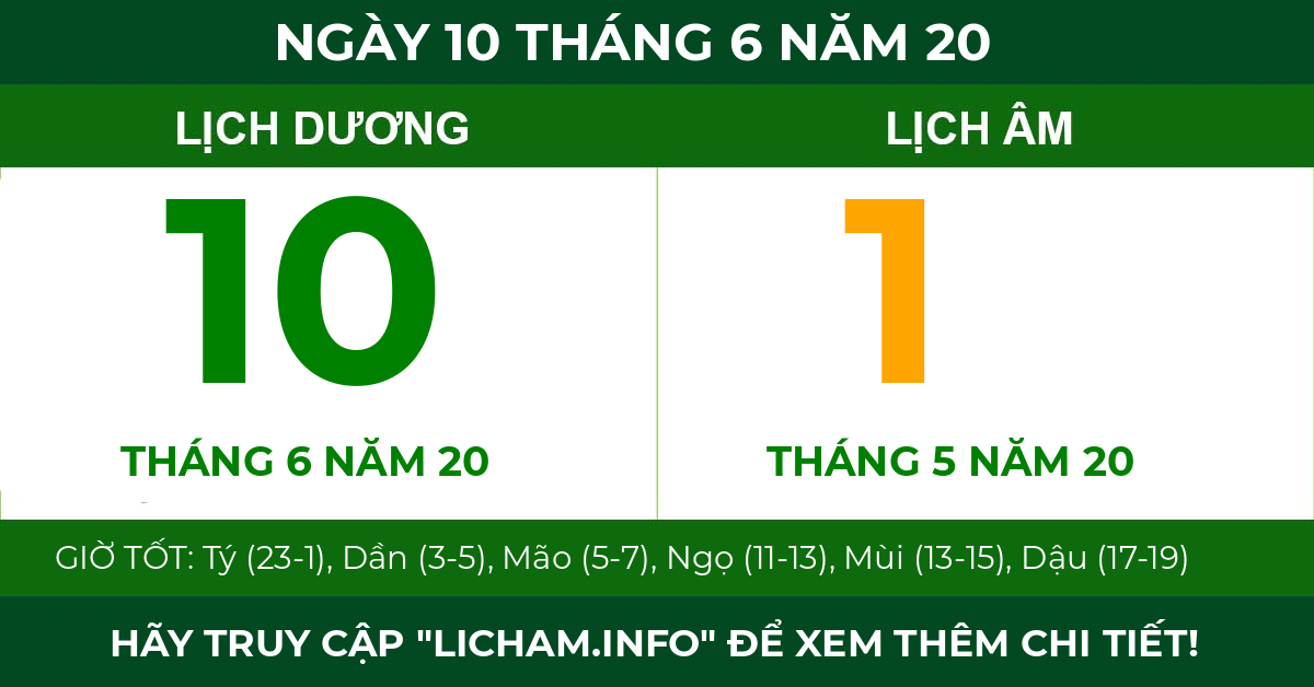 lịch âm ngày 10 tháng 6 năm 20