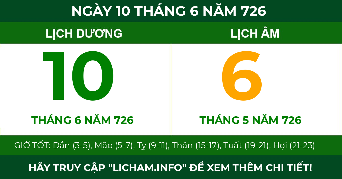 lịch âm ngày 10 tháng 6 năm 726
