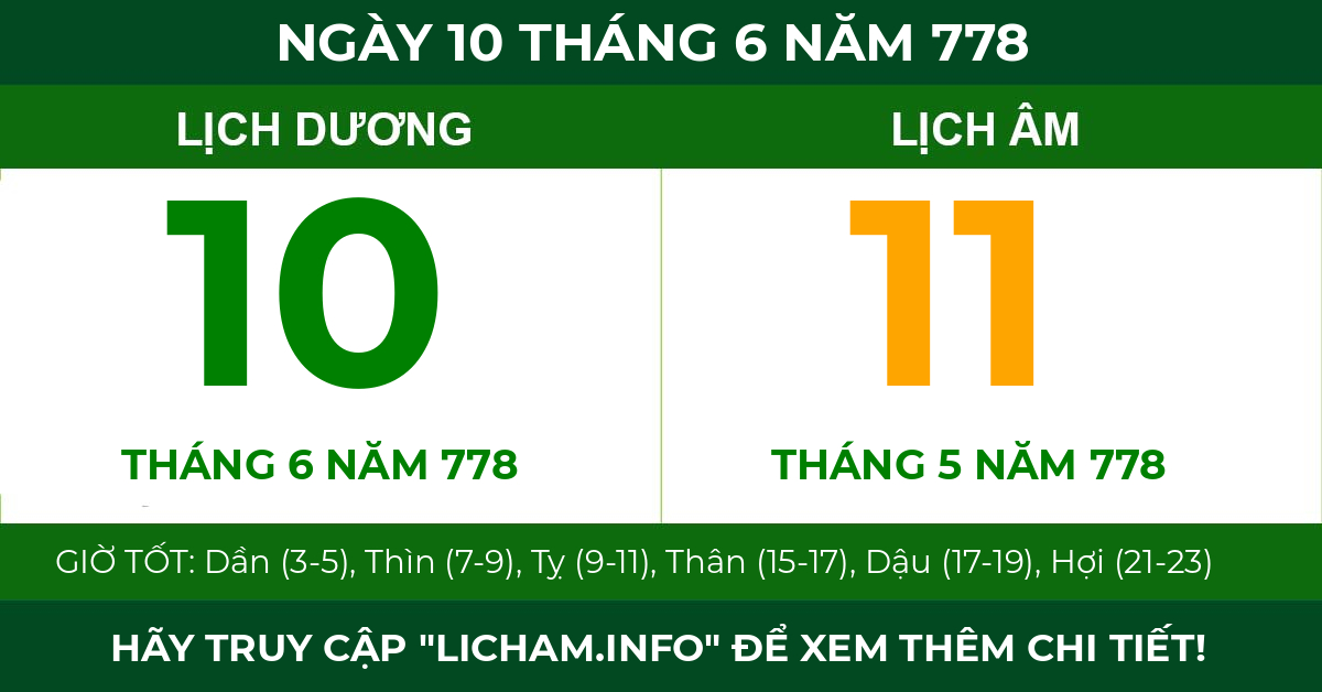 lịch âm ngày 10 tháng 6 năm 778