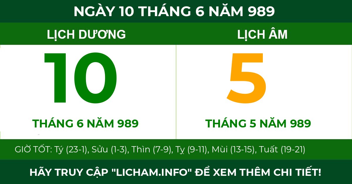 lịch âm ngày 10 tháng 6 năm 989
