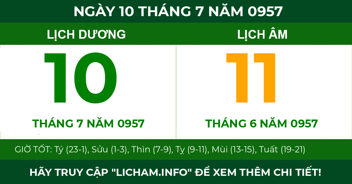 lịch âm ngày 10 tháng 7 năm 0957
