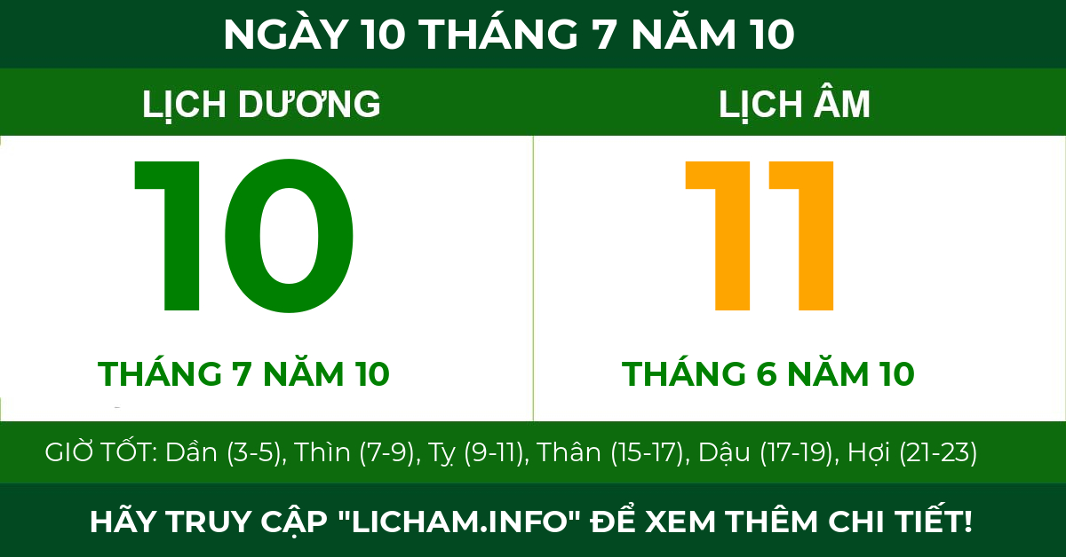 lịch âm ngày 10 tháng 7 năm 10