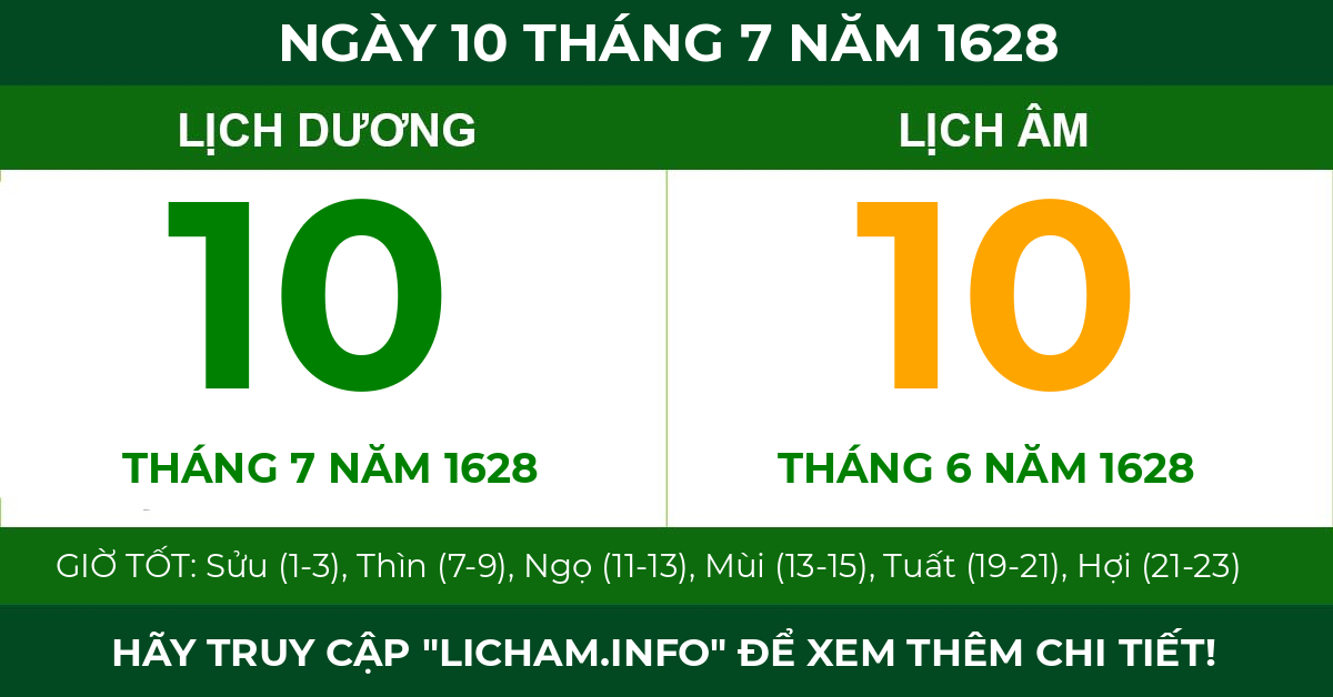 lịch âm ngày 10 tháng 7 năm 1628