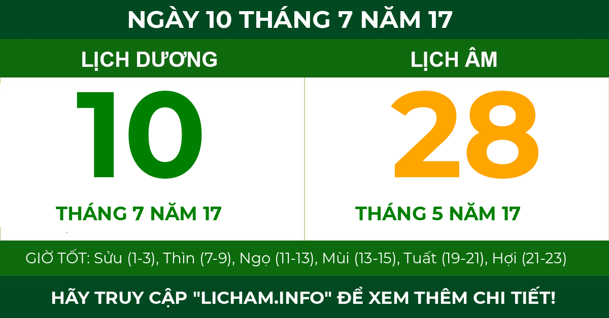 lịch âm ngày 10 tháng 7 năm 17