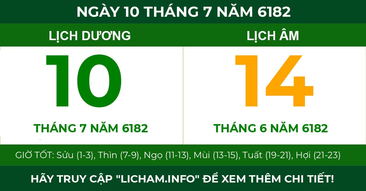 lịch âm ngày 10 tháng 7 năm 6182