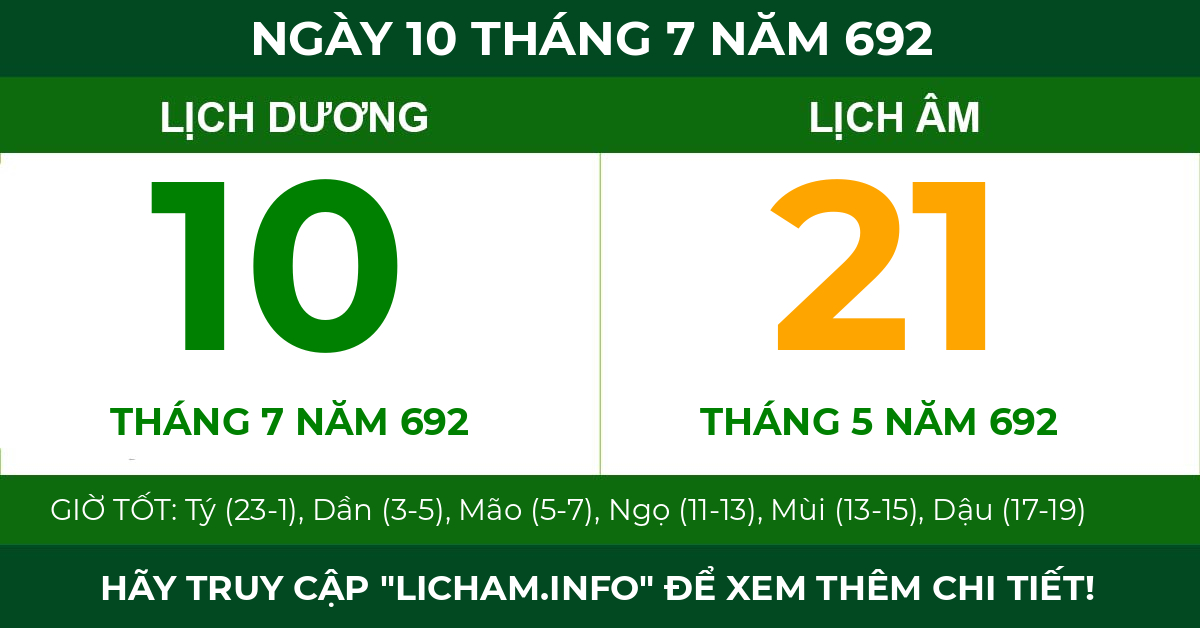 lịch âm ngày 10 tháng 7 năm 692