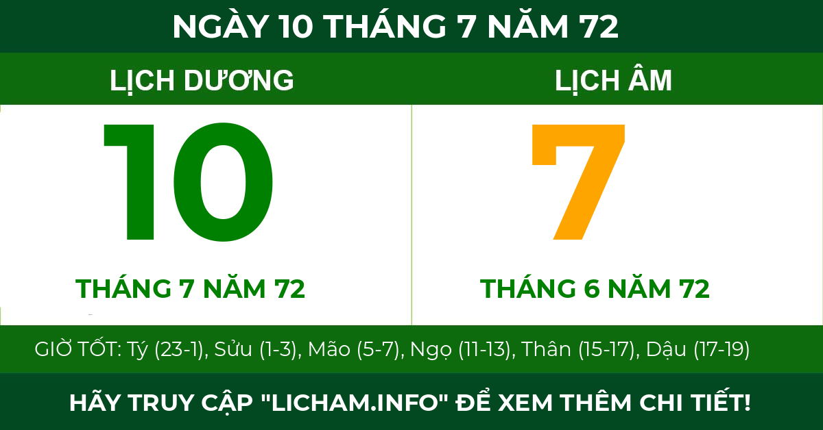 lịch âm ngày 10 tháng 7 năm 72