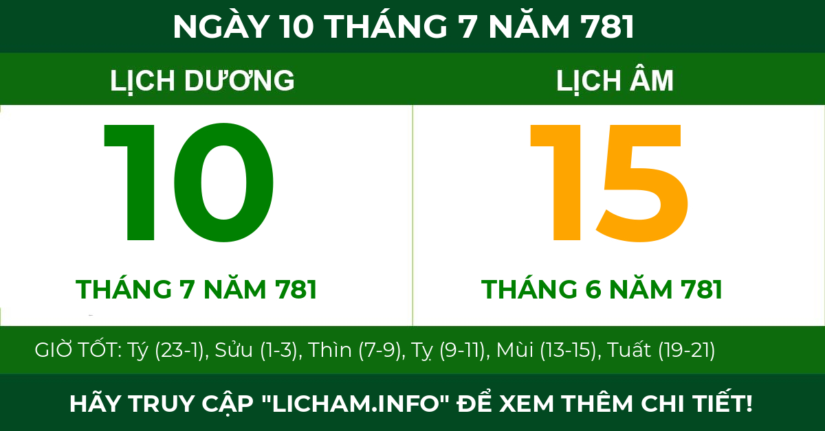 lịch âm ngày 10 tháng 7 năm 781