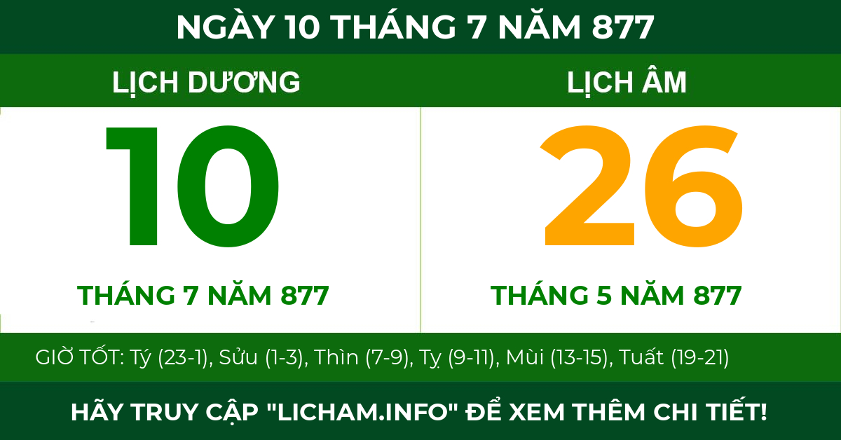 lịch âm ngày 10 tháng 7 năm 877