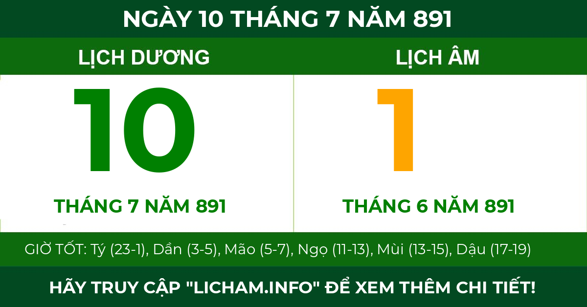 lịch âm ngày 10 tháng 7 năm 891