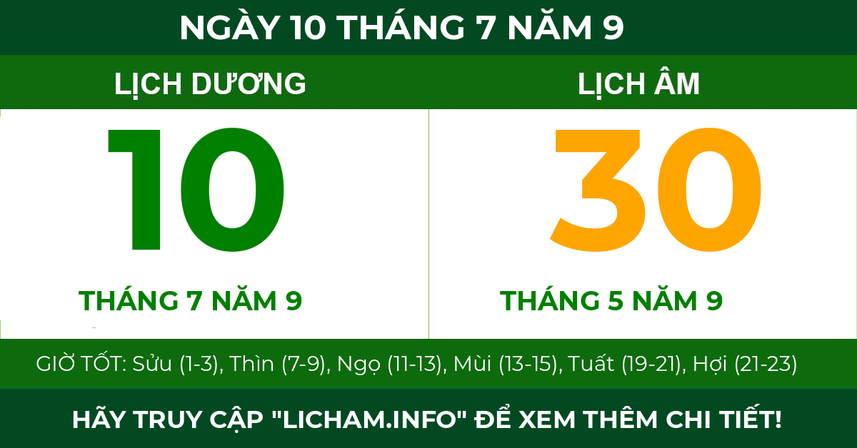 lịch âm ngày 10 tháng 7 năm 9