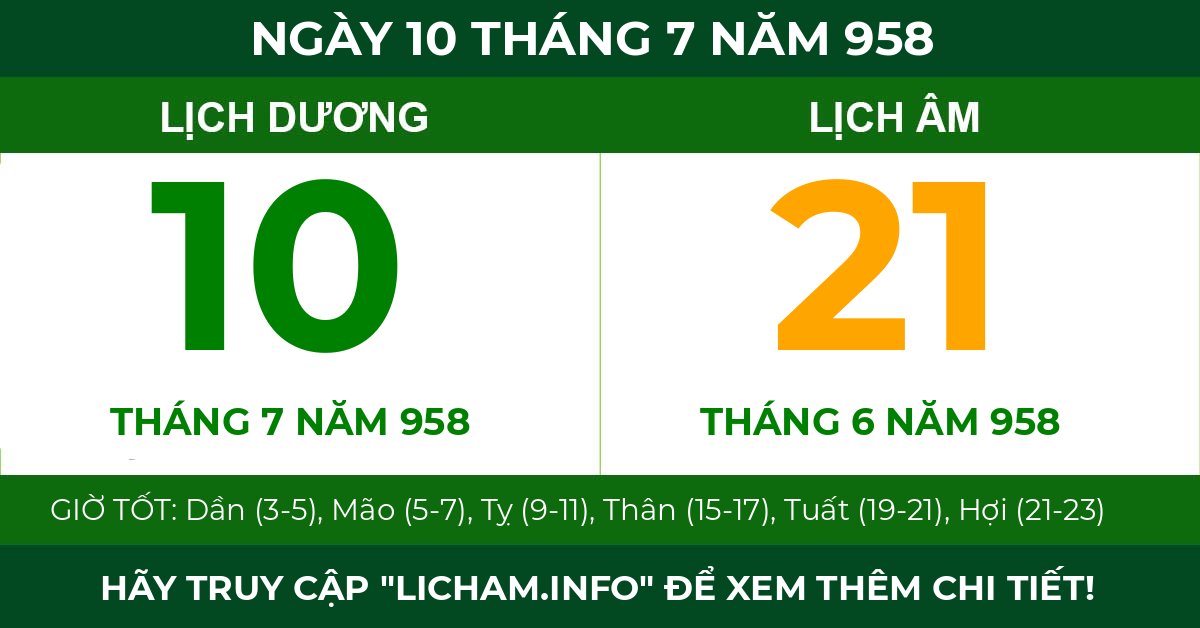 lịch âm ngày 10 tháng 7 năm 958