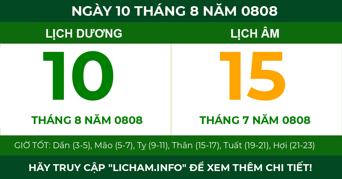 lịch âm ngày 10 tháng 8 năm 0808