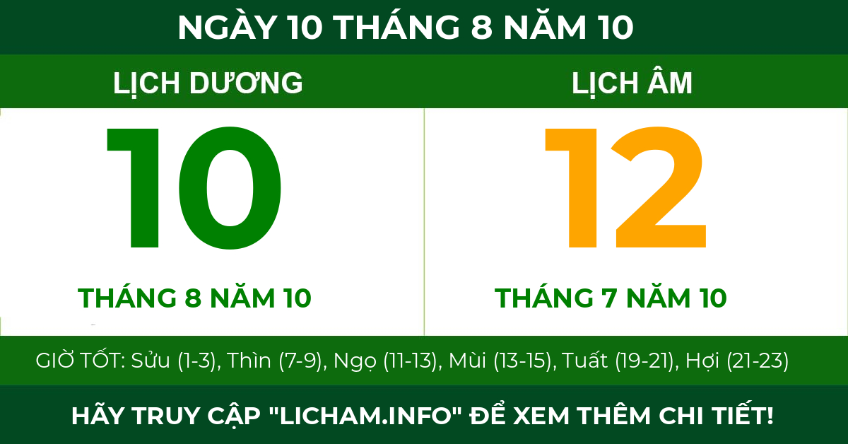 lịch âm ngày 10 tháng 8 năm 10