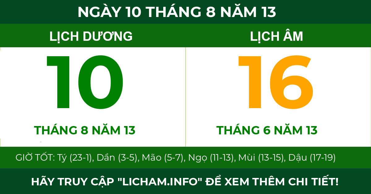 lịch âm ngày 10 tháng 8 năm 13
