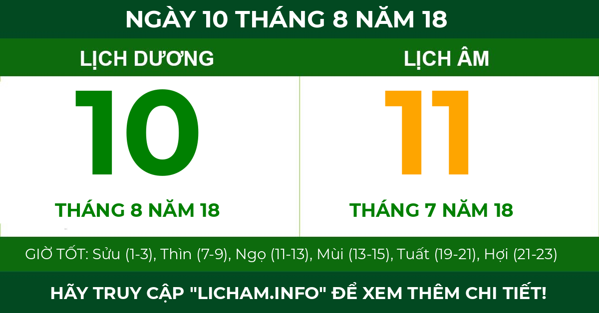 lịch âm ngày 10 tháng 8 năm 18