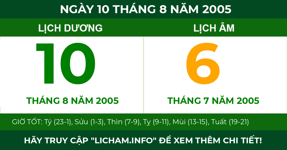 lịch âm ngày 10 tháng 8 năm 2005
