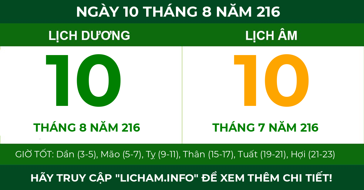 lịch âm ngày 10 tháng 8 năm 216