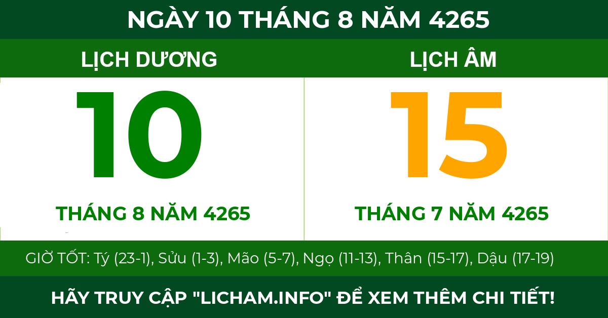 lịch âm ngày 10 tháng 8 năm 4265