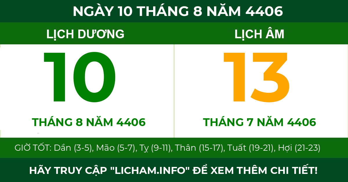 lịch âm ngày 10 tháng 8 năm 4406