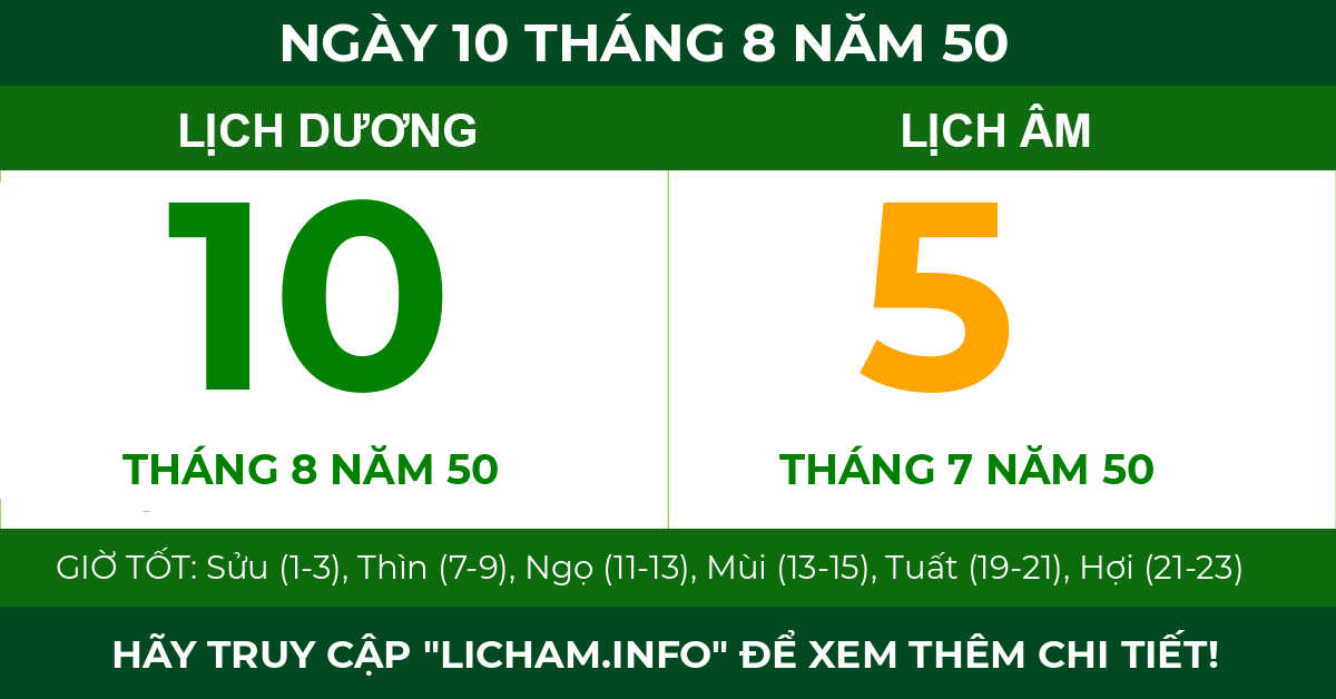 lịch âm ngày 10 tháng 8 năm 50