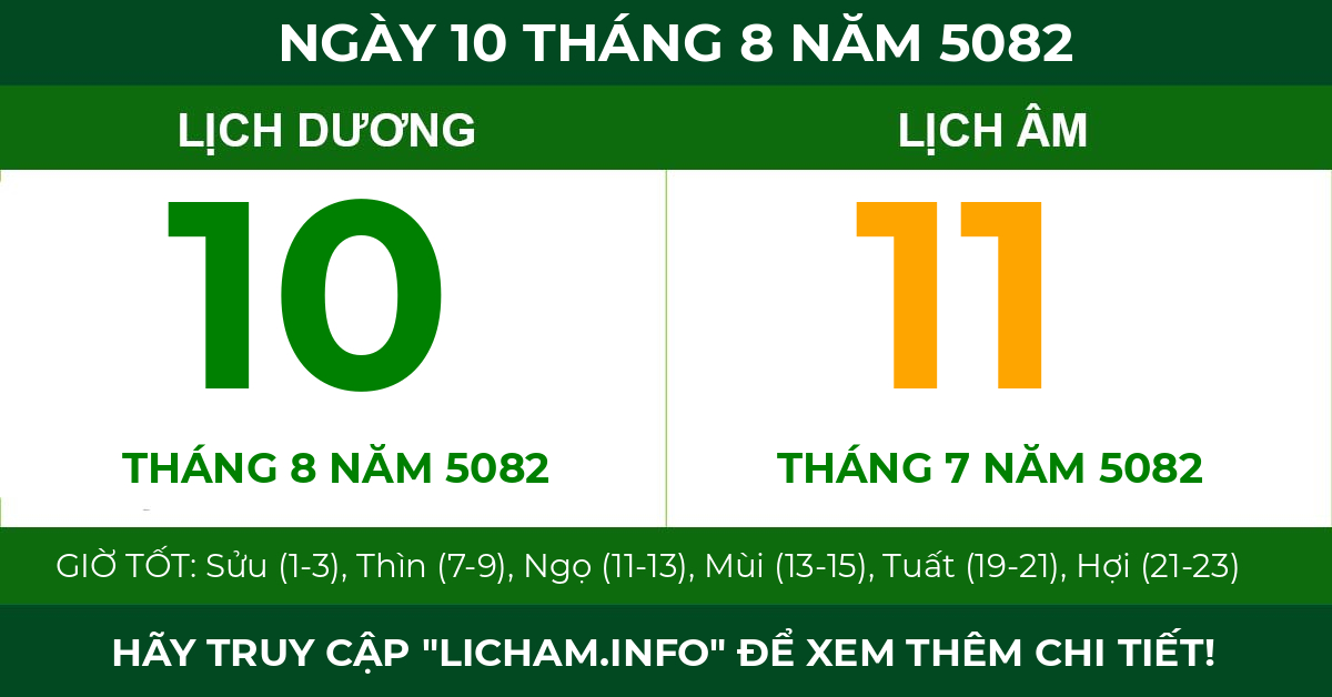 lịch âm ngày 10 tháng 8 năm 5082
