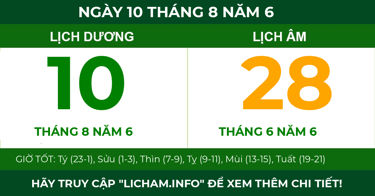lịch âm ngày 10 tháng 8 năm 6