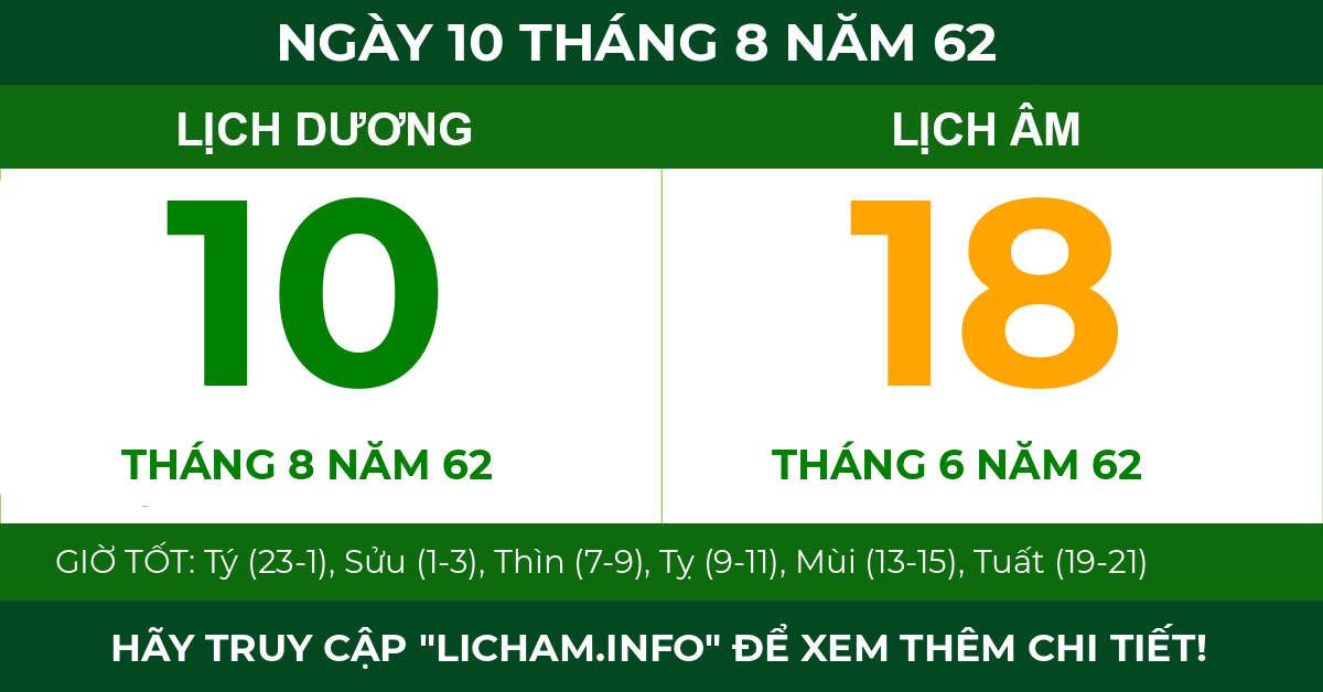 lịch âm ngày 10 tháng 8 năm 62