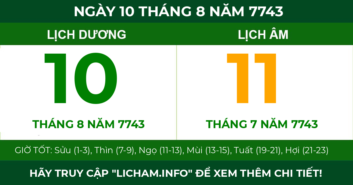 lịch âm ngày 10 tháng 8 năm 7743