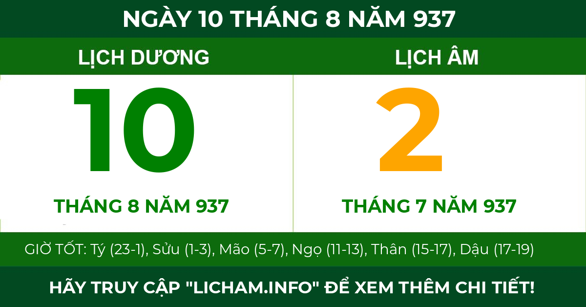 lịch âm ngày 10 tháng 8 năm 937