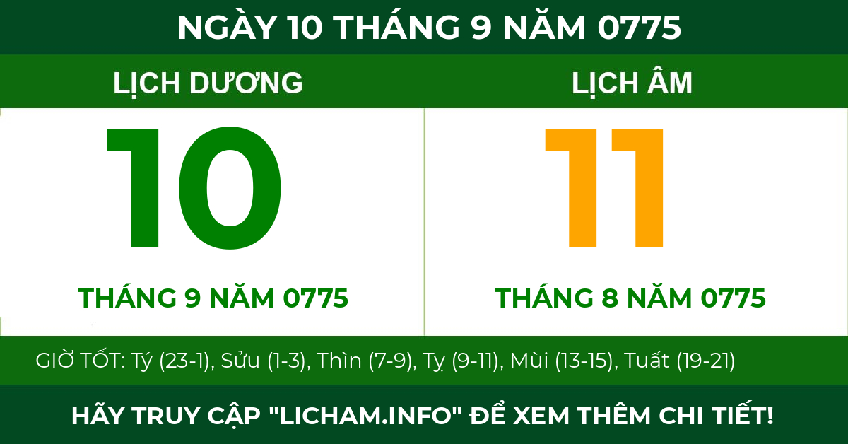 lịch âm ngày 10 tháng 9 năm 0775