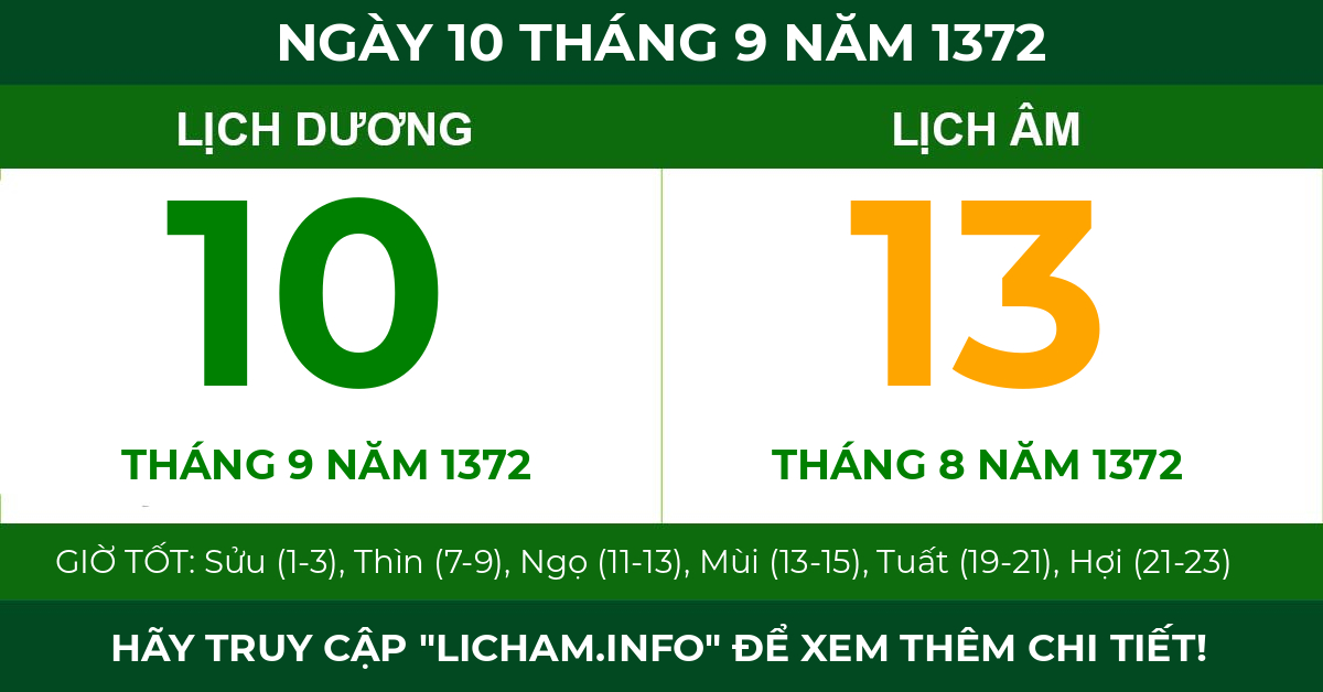 lịch âm ngày 10 tháng 9 năm 1372