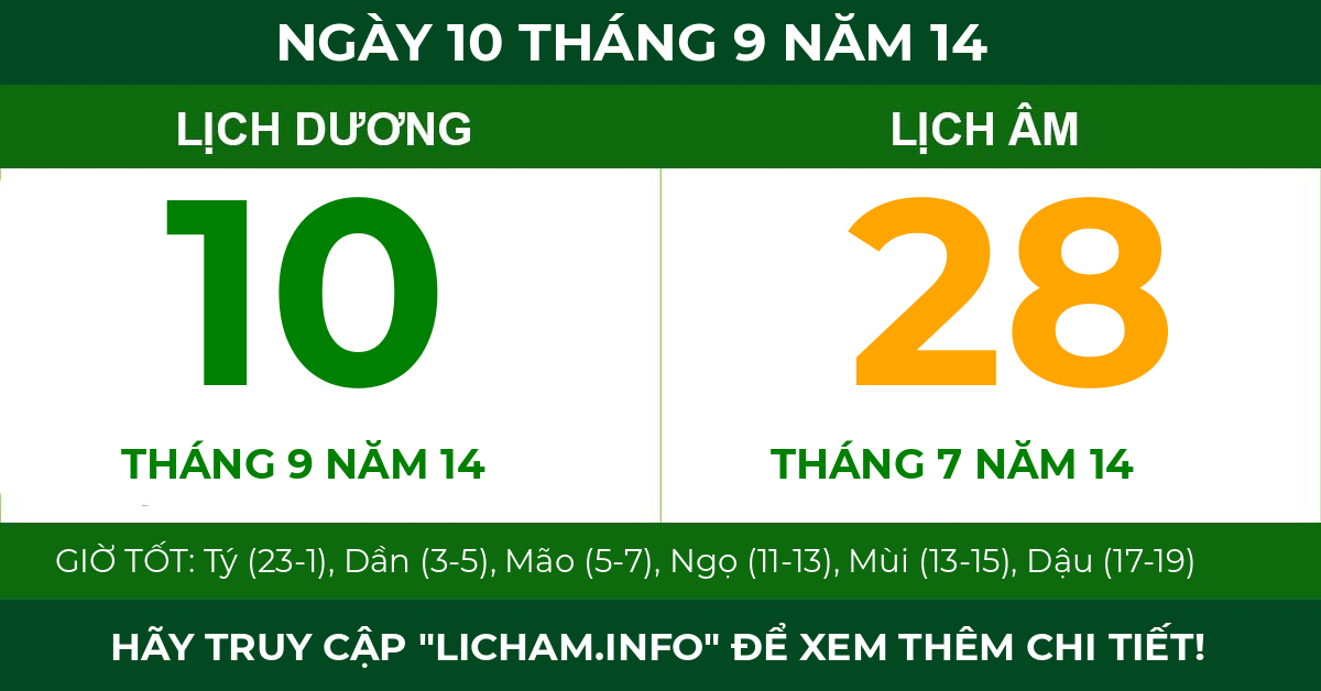 lịch âm ngày 10 tháng 9 năm 14