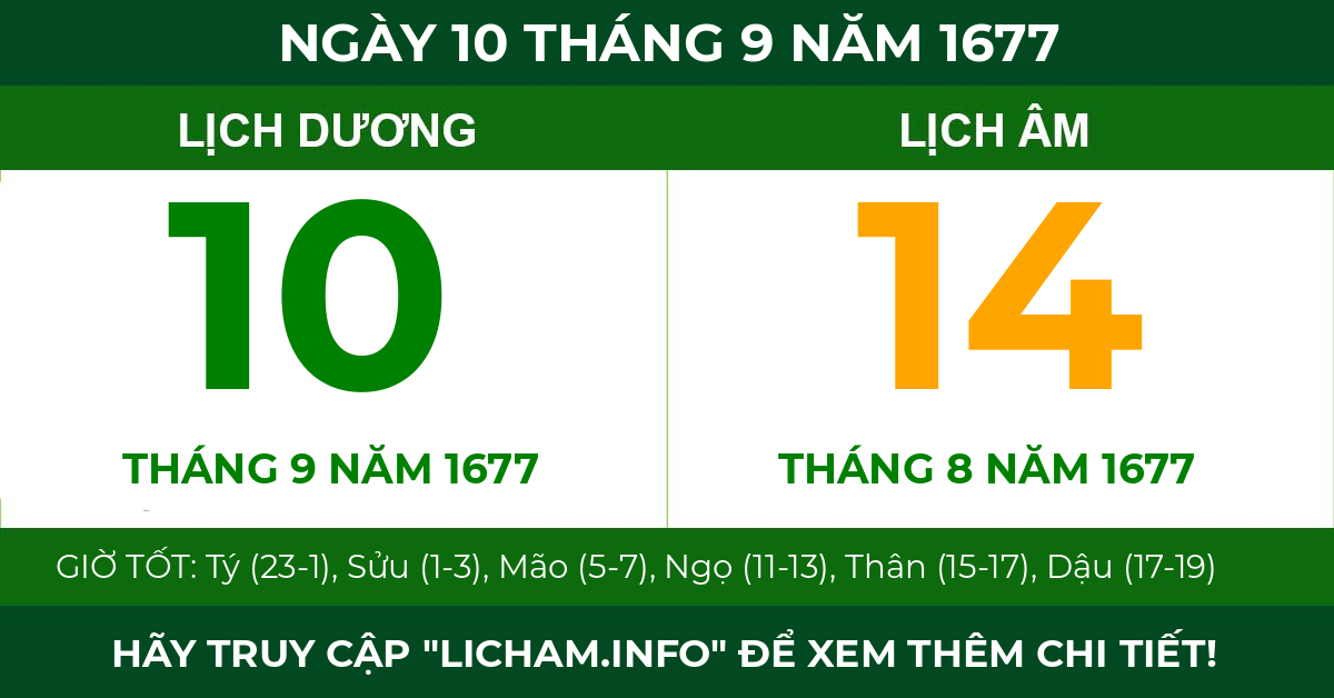 lịch âm ngày 10 tháng 9 năm 1677