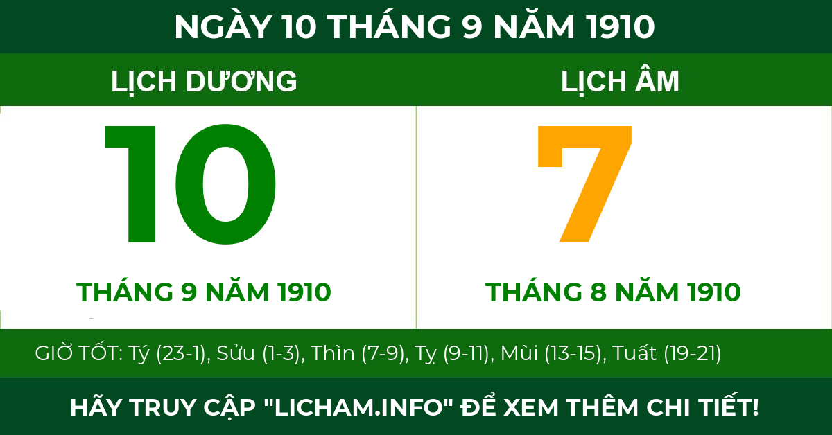 lịch âm ngày 10 tháng 9 năm 1910