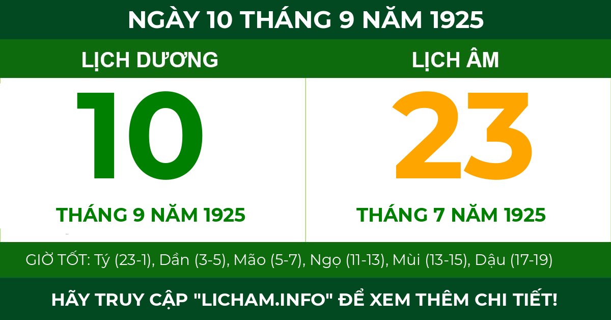 lịch âm ngày 10 tháng 9 năm 1925