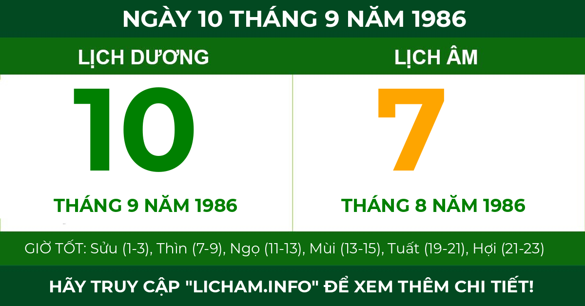 lịch âm ngày 10 tháng 9 năm 1986