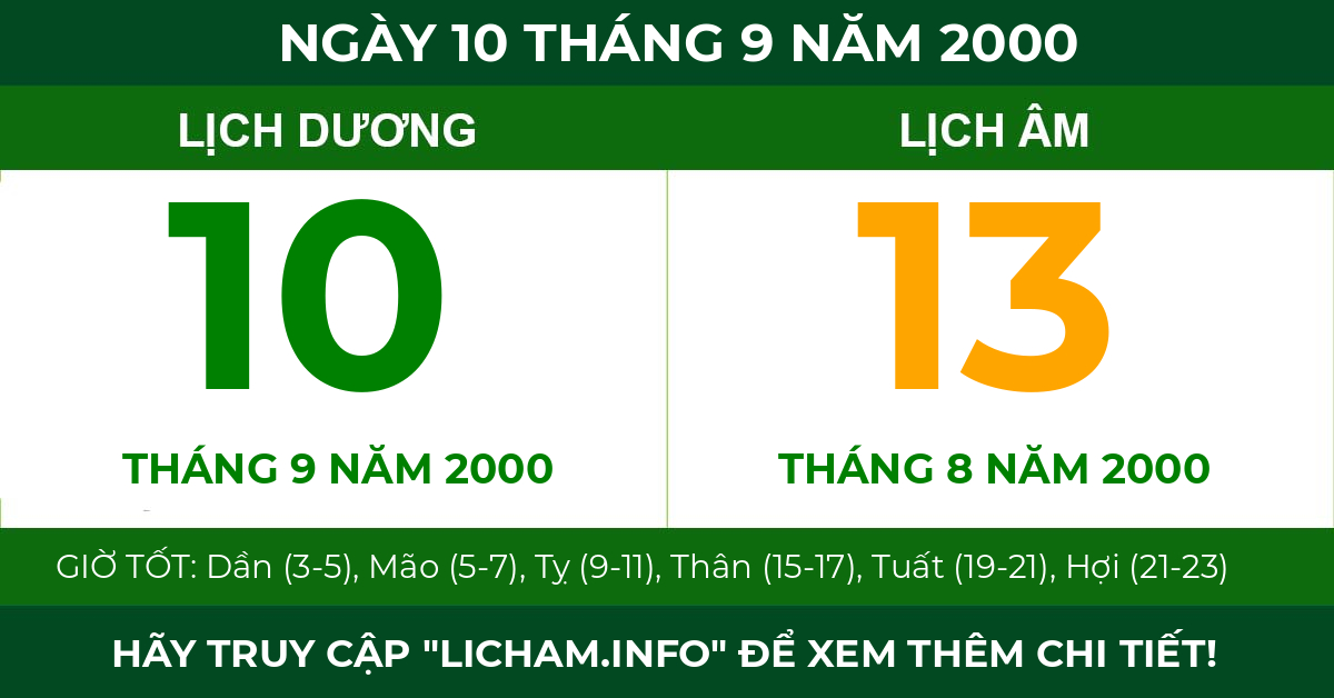 lịch âm ngày 10 tháng 9 năm 2000