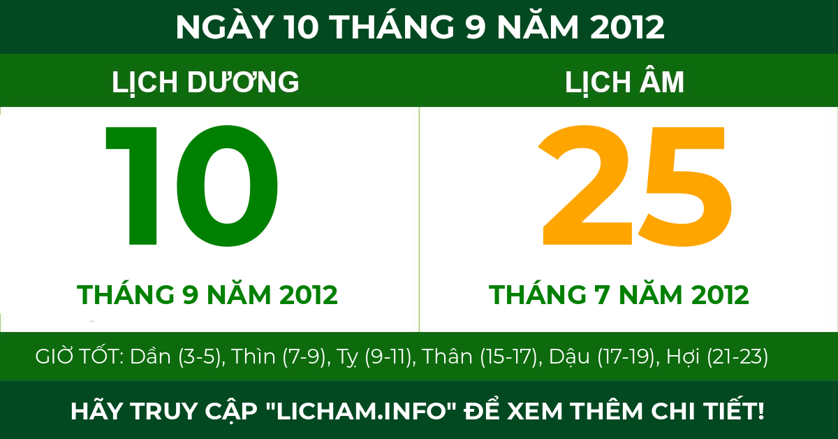 lịch âm ngày 10 tháng 9 năm 2012